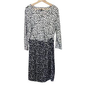 Talbots Dress Size XL Long Sleeve Black White Floral Stretch Faux Wrap Midi‎